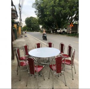 Bộ bàn tròn inox 1m4 và 10 ghế xếp hòa phát cao cấp - inox 304 dày dặn cao cấp